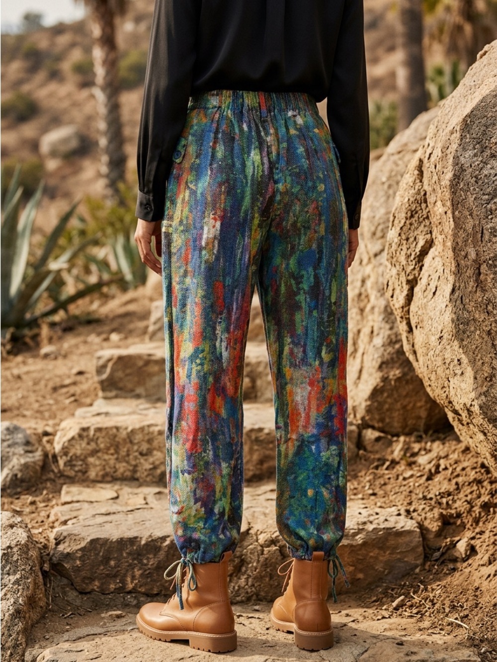NWT DAVI & DANI Abstract Printed Denim Wide Adjustable Balloon Bottom Pants - Picture 13 of 13